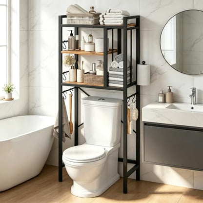 Over The Toilet Storage Rack, 3-Tier Bathroom Organizer Shelf, Above Toilet Storage with Paper Holder 8 Hooks, Over The Toilet Storage Cabinet for Bathroom, Laundry, Rustic Brown and Black TR06BR