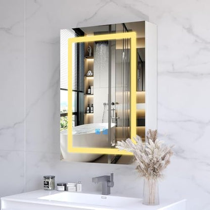 20" x 28" Bathroom Medicine Cabinet with Mirror,Medicine Cabinets with Large Storage,Single Door LED Bathroom Wall Cabinet with Shelves,Dimmer and Anti-Fog