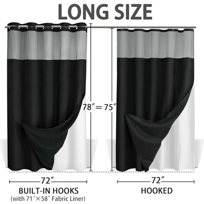No Hook Shower Curtain with Liner Set Hotel Waffle Curtain Black 72W X 78L | Washable Snap in Fabric Liner, Mesh Top Window, Waffle Hotel Style Shower Curtain Set - color: Black, size: 72"W x 78"L