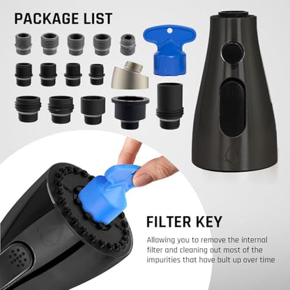 EcoKitchen5Stars Pull-Down Kitchen Faucet Head Replacement, 3-Function Sprayer, G1/2 Thread (13/16 in OD) with 15 Adapters, for Standard Threaded Hoses, Not for Magnetic Dock Faucets, Matte Black - color: Matte Black