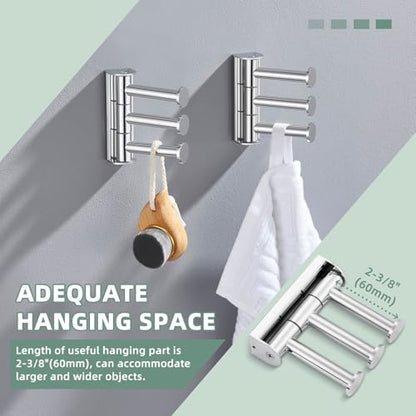 Suyar Swivel Towel Hook, Bathroom Robe Holder with 3 Arms, Polished Chrome | 2 Pack, SUS304 Stainless Steel, Wall Mounted - color: Polished Chrome, size: 2 Pack