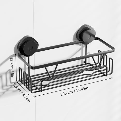 KEGII Suction Cup Shower Caddy with Hooks, No Drill Bathroom Organizer | Large Capacity Stainless Steel Shelf, Heavy Duty Hold for Shampoo and Body Wash on Smooth Surfaces, Black - color: Black