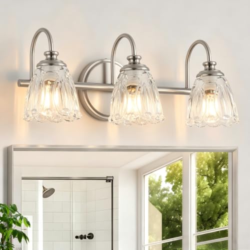 Bathroom Light Fixtures, 3 Light Brushed Nickel Vanity Lights for Bathroom with Clear Tulip Crystal Glass Shade, 20 In Vintage Bathroom Vanity Lights Over Mirror for Bedroom, Living Room, Hallway - color: Brushed Nickel, size: 3-Light