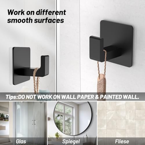 Towel Hooks for Bathroom Adhesive, 4 Pack Matte Black Bathroom Hooks for Towels - Heavy Duty rustproof Towel Hook, sus304 Stainless Steel Adhesive Towel Hooks, Wall Mounted Shower Hooks - color: Black