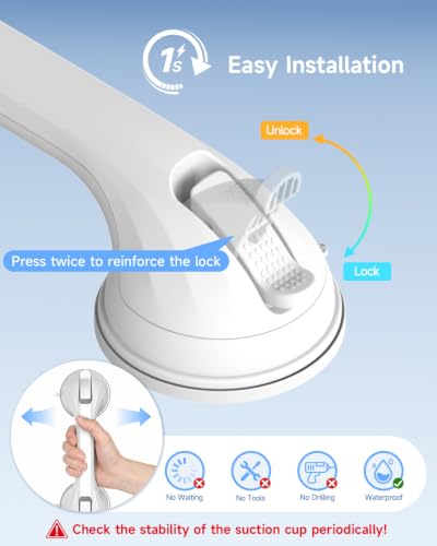 2 Pack Shower Grab Bar for Shower and Bathtubs, No Drilling, White | Suction Shower Handle for Elderly, Suction Cup Removable Handrails Safety Grip, Heavy Duty, 12 inch - color: White