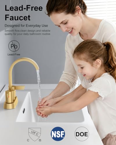 Gold Bathroom Faucet,4 Inch Centerset 2-Handle Waterfall | Includes Pop-Up Drain,24-Inch Supply Lines,Mounting Hardware,SUS304 Stainless Steel Construction,And A 360° Swivel Spout - color: Gold