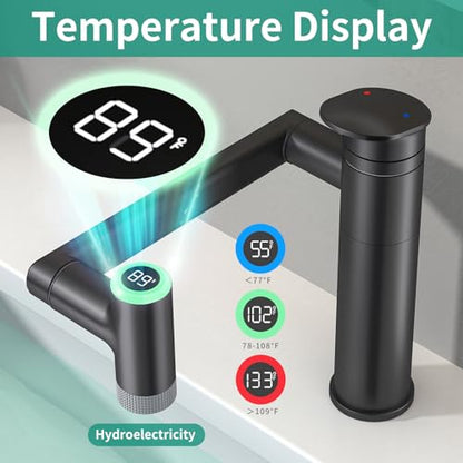 Modern Bathroom Faucet 1 Hole with Temperature Display, Matte Black | Batteries-Free, 1080° Rotatable Single Hole Bathroom Faucet, Single Handle Bathroom Vanity Faucets, 2 Spray Modes - color: Matte Black