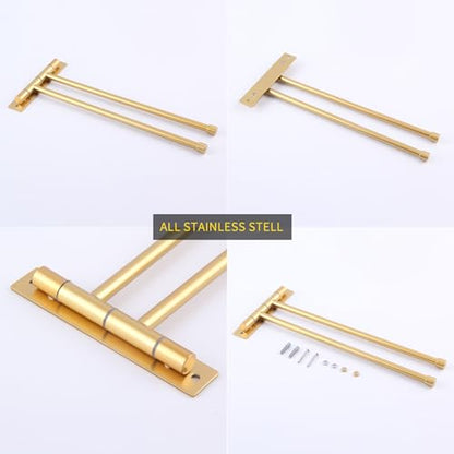 GERZWY Bathroom Swing Arm Towel Bars 2-Arm Wall Mount Stainless Steel Bath Towel Rack Hanger Towel Holder Organizer Gold Finished HYG02-BE - color: Gold