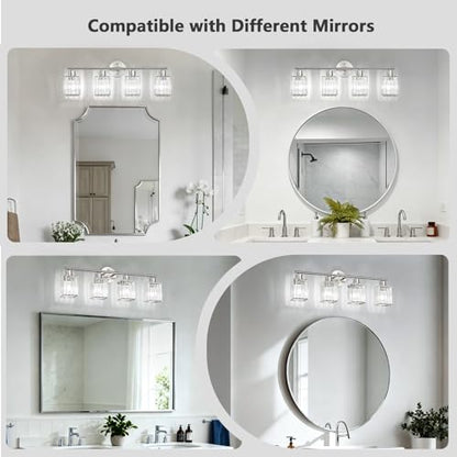 4 Light Bathroom Light Fixtures, Modern Crystal Vanity Lights over Mirror | Metal Frame, Bathroom Light with Square Crystal Shade, ETL Certified, E26 Ceramic Socket, Bulbs Not Included - color: Brushed Nickel, size: 4-Light