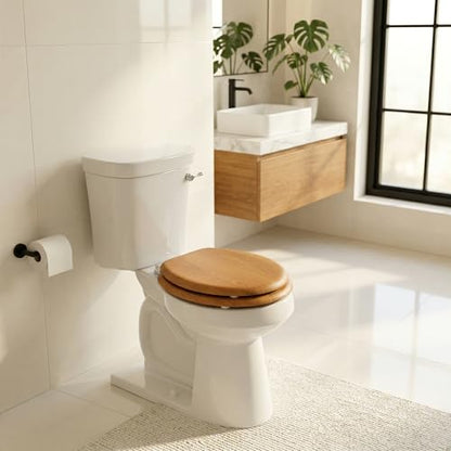 Wood Toilet Seat in Oak, Round, Soft Close | Magnetic Quick-Release for Easy Cleaning, Arch-Tite Never Loosens, Adjustable Fit - size: Round