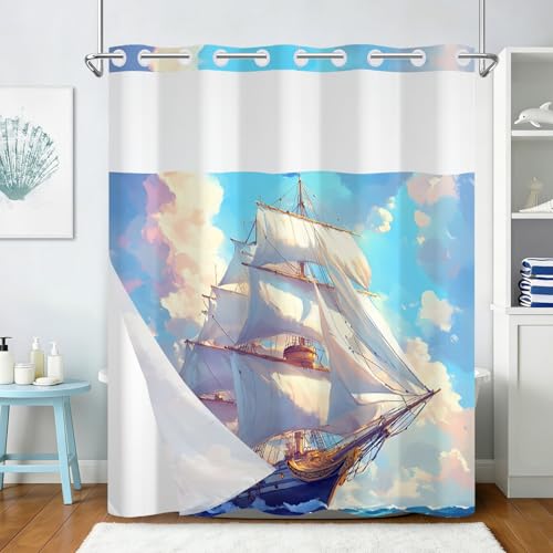 No Hooks Shower Curtain with Snap in Liner and Sheer Top Window, Sailboat Nautical Theme Easy Hang Waterproof Fabric Shower Curtain, 71x74in No Hook Double-layer Shower Curtain Set with Weighted Hem - color: Sailing Boat