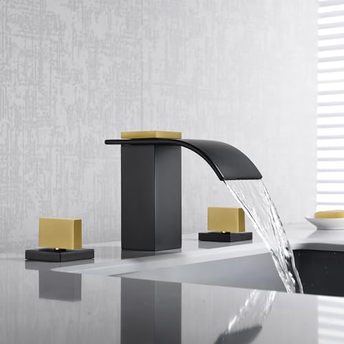 SUMERAIN 8" Widespread Bathroom Faucet 3 Hole Waterfall Basin Faucet Black and Gold Finish - color: Black and Gold