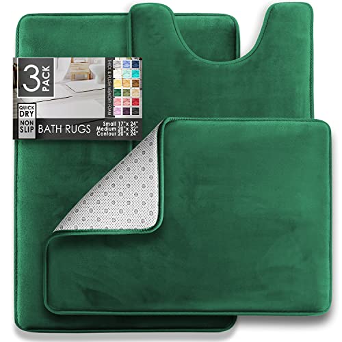 Clara Clark 3 Piece Bathroom Rugs Bath Mat Set, Velvet Memory Foam Bath Mats for Bathroom - Non-Slip, PVC Backing Bath Rugs, Washable - Dries Quickly, Green - color: Hunter Green