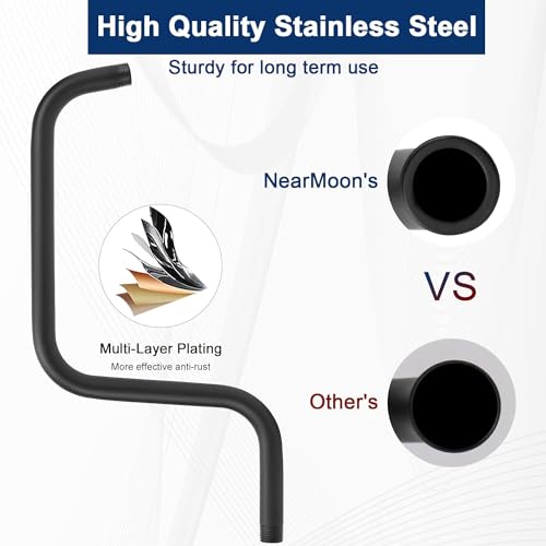 NearMoon S Shape Shower Extension Arm with Flange, Stainless Steel High Rise Shower Head Extender Pipe, Horizontal Extension Standard 1/2" Connection- Bathroom Accessory, 16 Inch (Matte Black)