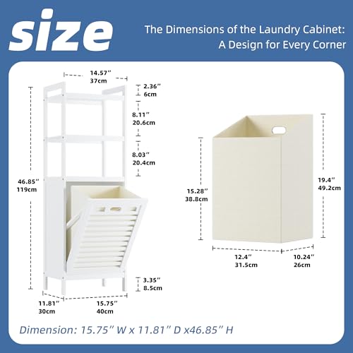 HITNET Bamboo Tilt Out Hamper, 10 Gal Bathroom Laundry Cabinet with Hidden Foldable Basket, Freestanding Clothes Storage Organizer with Storage Shelf, White - color: White