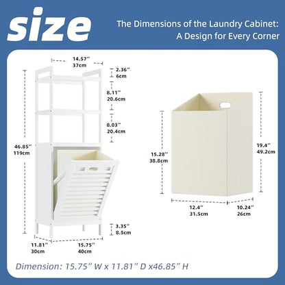 HITNET Bamboo Tilt Out Hamper, 10 Gal Bathroom Laundry Cabinet with Hidden Foldable Basket, Freestanding Clothes Storage Organizer with Storage Shelf, White - color: White