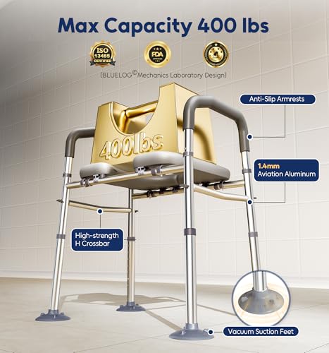 Raised Toilet Seat Risers for Seniors with Handles, Grey | Adjustable 7 Height & 6 Width, 400lbs Heavy-Duty Support, Built-in Paper Holder & Storage, For Elderly & Handicap