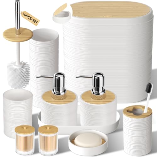 XLHOMO White Bathroom Set - 10PC Bathroom Accessories Set, Luxury Bathroom Accessory Set with Trash Can,Toilet Brush & 2 PC Soap Dispensers for Apartment Decor and Housewarming - size: Press-lid Bathroom Set, style: White