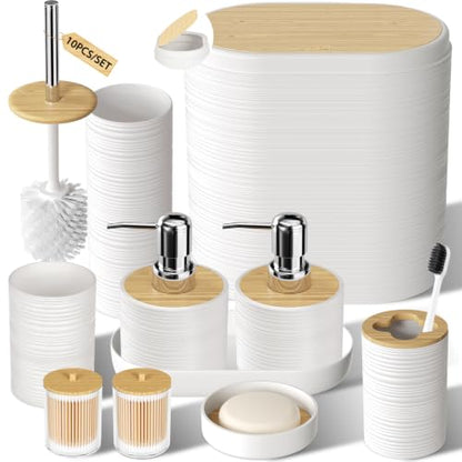 XLHOMO White Bathroom Set - 10PC Bathroom Accessories Set, Luxury Bathroom Accessory Set with Trash Can,Toilet Brush & 2 PC Soap Dispensers for Apartment Decor and Housewarming - size: Press-lid Bathroom Set, style: White