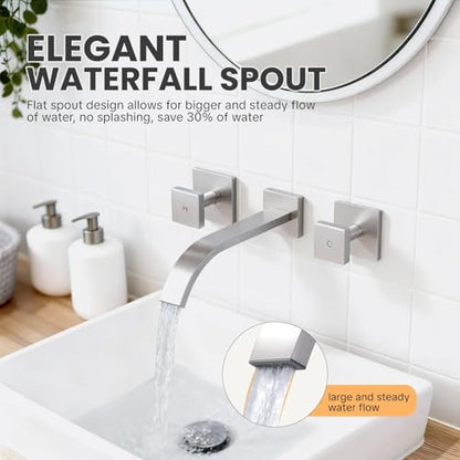 ALEASHA Wall-Mounted Bathroom Sink Faucet, Brushed Nickel Bathroom Faucet | Waterfall Bathroom Faucet with Two Handles, Brass Bathroom Sink Faucet, Wall-Mounted Washroom Faucets and Rough-in Valve - color: Brushed Nickel
