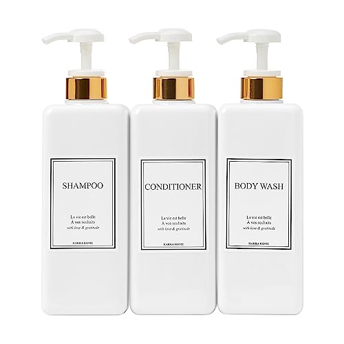 Modern Gold Design Shampoo and Conditioner Dispenser - Large 27oz Shower Soap Dispenser, Set of 3 Refillable Empty Plastic Pump Bottles for Bathroom and Body Wash (6 Waterproof Labels Included), White - color: White