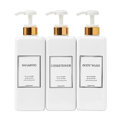 Modern Gold Design Shampoo and Conditioner Dispenser - Large 27oz Shower Soap Dispenser, Set of 3 Refillable Empty Plastic Pump Bottles for Bathroom and Body Wash (6 Waterproof Labels Included), White - color: White