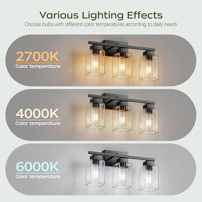 3-Light Bathroom Light Fixtures, Matte Black Modern Vanity Lights, Bathroom Lighting Fixtures Over Mirror, Square Design Farmhouse Wall Sconces with Clear Glass Shades - color: Matte Black, size: 3-Light