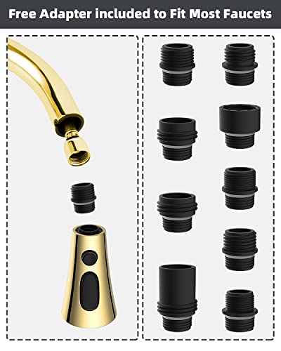 Hibbent 3-Function Pull Down Kitchen Faucet Head Replacement with 12 Adapters, NSF/ANSI/CAN 61 & CUPC Certified Sink Spray Nozzle, Compatible with Moen, Delta, Kohler Faucets, Polished Brass - color: Polished Brass