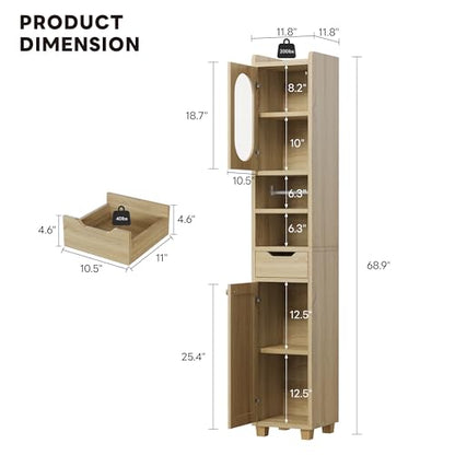 LIKIMIO 69" Tall Bathroom Cabinet with Drawer and Tissue Holder | Slim 11.8-inch footprint adds two doors, one drawer, adjustable shelves, and a pull-out tissue holder, Rustic White - color: Rustic White, size: Medium