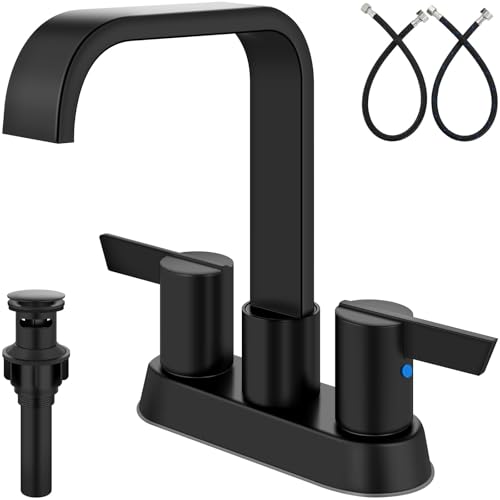 Matte Black Waterfall Bathroom Faucet 4 Inch Centerset,2-Handle | Stainless Steel 3-Hole Deck-Mount Design Includes Supply Lines and Pop-Up Drain for a Complete Vanity Installation - color: Matte Black