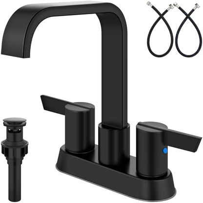 Matte Black Waterfall Bathroom Faucet 4 Inch Centerset,2-Handle | Stainless Steel 3-Hole Deck-Mount Design Includes Supply Lines and Pop-Up Drain for a Complete Vanity Installation - color: Matte Black