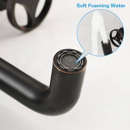 SKOWLL Wall Mount Bathroom Faucet, Industrial Look, Widespread Oil Rubbed Bronze Bathtub Faucet 2 Round Handle Vanity Sink Faucet with 360° Rotates Spout - color: Bronze
