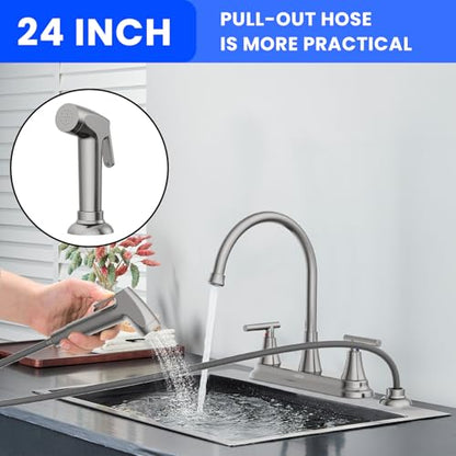 HURRAN 2-Handle Kitchen Faucet with Pull-Out Side Sprayer, 8 Inch High Arch Stainless Steel 360°Rotating Kitchen Sink Faucet, 4 Hole Faucet for Kitchen Bar Rv Camper, Nickel - color: Nickel, style: With Side Sprayer