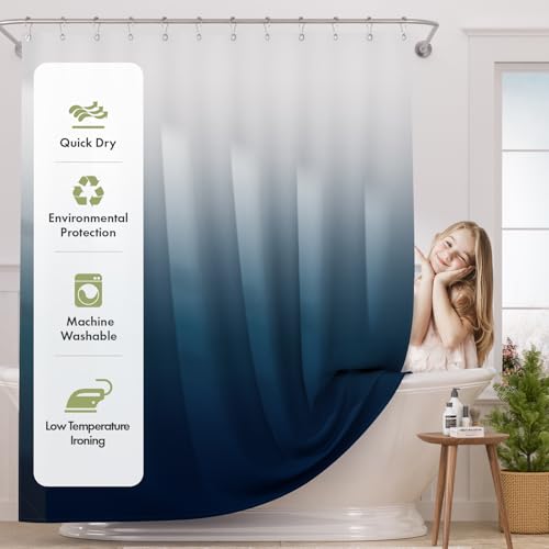 AmazerBath Shower Curtain, Cloth Ombre Blue Curtain Set with 12 Hooks, Washable Fabric Navy and White Curtain, Rustic Farmhouse Bathroom, 72x72 Inches - color: A- Blue Ombre +12 Metal Hooks, size: 72"W x 72"L (Pack of 1)