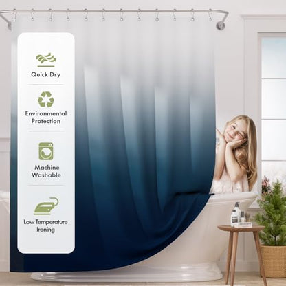 AmazerBath Shower Curtain, Cloth Ombre Blue Curtain Set with 12 Hooks, Washable Fabric Navy and White Curtain, Rustic Farmhouse Bathroom, 72x72 Inches - color: A- Blue Ombre +12 Metal Hooks, size: 72"W x 72"L (Pack of 1)