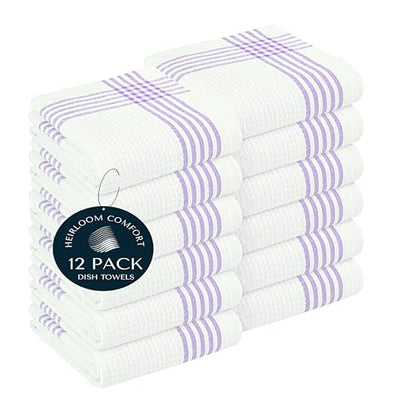 Lavender and White Kitchen Towels 12 Pack, 16x26 Inch, 100% Cotton Waffle Weave, Super Absorbent, Quick Dry, Soft & Durable Dish Towels for Drying, Cooking, Cleaning Tasks - color: Lavender, White, style: 12 Pack