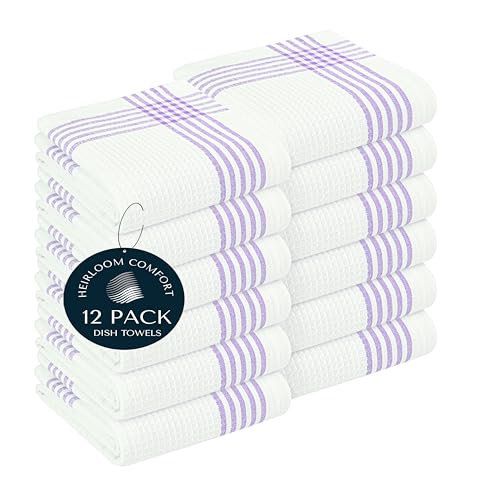 Lavender and White Kitchen Towels 12 Pack, 16x26 Inch, 100% Cotton Waffle Weave, Super Absorbent, Quick Dry, Soft & Durable Dish Towels for Drying, Cooking, Cleaning Tasks - color: Lavender, White, style: 12 Pack