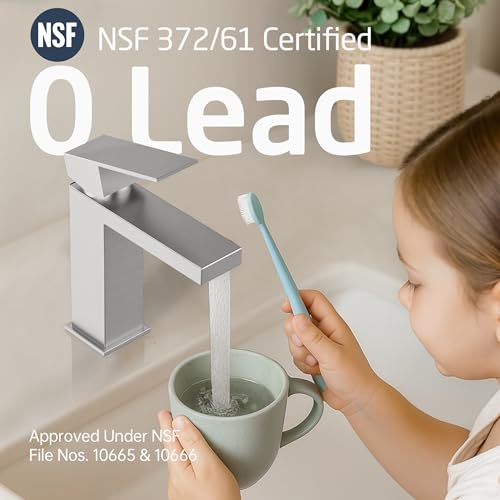 KES Bathroom Faucet Single Hole & Bathroom Sink Drain with Overflow, cUPC Certified Vanity Faucet Brushed Stainless Steel, L3156ALFF12-BS-C1 - color: Brushed Steel, style: w/ Drain (WITH Overflow) - Short Faucet