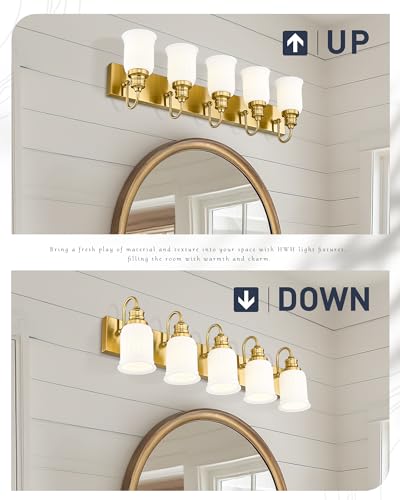 HWH INVESTMENT 5-Light Bathroom Vanity Light, Brushed Gold, 5HZG106B-5W BG | 33-Inch Hardwired Wall Light with Frosted Bell-Shaped Glass; 5 E26 Bulbs, Max 60W Each; Reversible Up or Down Mount - color: Brushed Gold, size: 5-Light