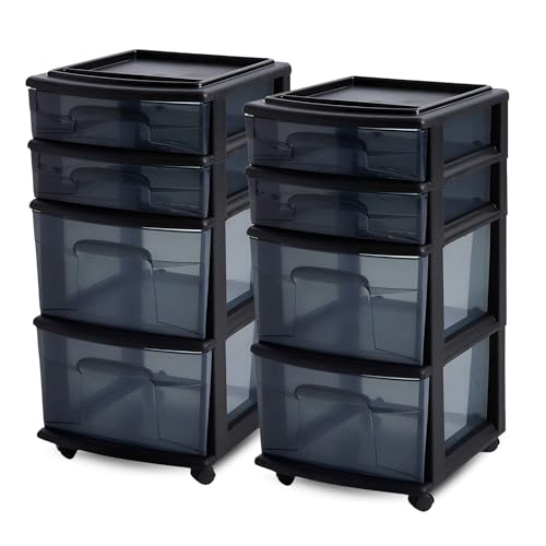 HOMZ 2-Pack Drawer Tower, 4-Tier Clear Plastic Storage Organizer Cart, Black Tint and Frame - Organizing Containers with Wheels for Home, Bathroom, Bedroom, Office, and Classroom - color: Black, size: 2 Pack