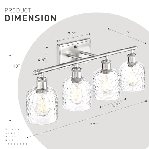 zeyu 27 Inch 4-Light Bathroom Wall Light, Brushed Nickel, ZJF63B-4W BN | Clear Hammered Glass Shade, Over Mirror Vanity Light, Modern Bathroom Lighting - color: Brushed Nickel|Hammered Glass, size: 4-Light