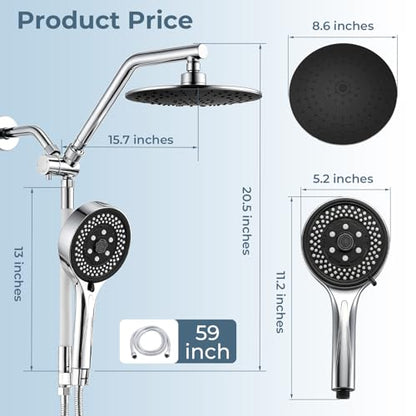 Rain Shower Head with Handheld Combo, Chrome Finish | 9" rainfall head, silicone slide bar, 3-way diverter, 59" SS hose, dual high-pressure spray, G1/2 fit, tool-free install