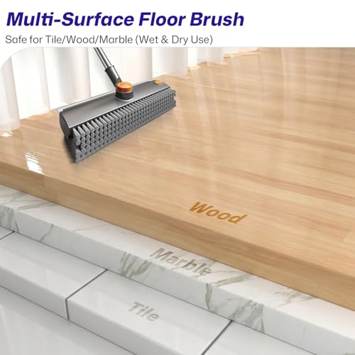 3-in-1 Floor Scrub Brush with Long Handle, Scrape and Heavy-Duty Stiff Bristle Floor Scrubber Brush with Squeegee and Tweezer for Cleaning Tile Kitchen Wall Deck Bathroom Patio Garage