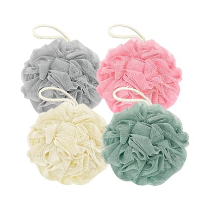 Rnoafmu Shower Loofah Bath Sponge, 60G Loofah Exfoliating Body Scrubber, 4 Color Mesh Shower Pouf Balls for Body Wash (Pink Green White Gray) - color: Pink Green White Gray