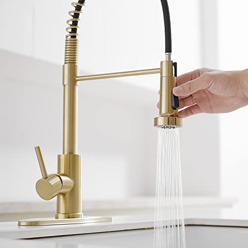 VOTON Kitchen Faucets with Pull Out Sprayer Commercial Spring Sink Faucet Stainless Steel Brushed Gold Pull Down Single Handle Farmhouse faucets with Deck Plate for Camper Laundry Utility Rv Wet Bar - color: Brushed Gold