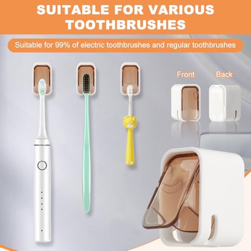 3PCS Single Slot Toothbrush Holder Wall Mounted with Cover,Waterproof | Toothbrush Cover for Shower,Self Adhesive Hanging Toothbrush Organizer for Manual/Electric Toothbrush,Family Travel,brown - color: Brown
