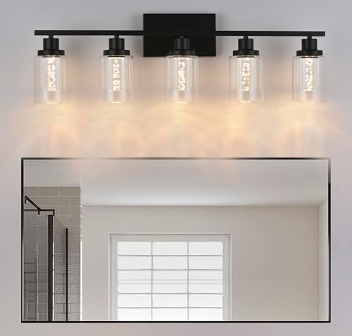 MELUCEE LED Bathroom Vanity Light 5-Light Dimmable Bathroom Light Bar | 5CCT 3000K-6000K Modern Black Vanity Lighting Fixtures with Crystal Bubble Clear Glass Shade, Built-In LED Chips - color: Black, size: LED-5 Lights
