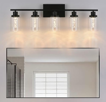 MELUCEE LED Bathroom Vanity Light 5-Light Dimmable Bathroom Light Bar | 5CCT 3000K-6000K Modern Black Vanity Lighting Fixtures with Crystal Bubble Clear Glass Shade, Built-In LED Chips - color: Black, size: LED-5 Lights