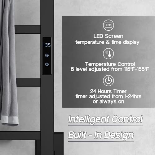 Heated Towel Rack with 24hr Timer, Matte Black, Plug-in/Hardwired | 304 Stainless Steel, Wall Mounted 6-Bar Electric Towel Warmer Rack for Bathroom, with Temperature Control, 105W