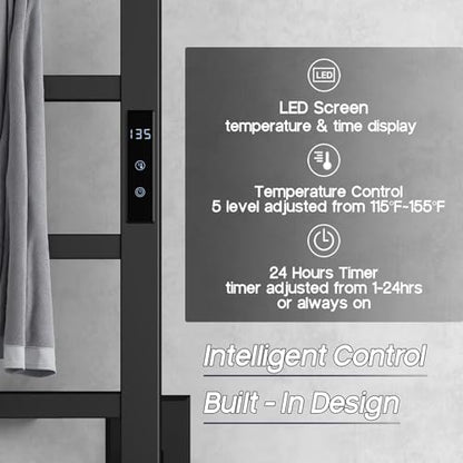 Heated Towel Rack with 24hr Timer, Matte Black, Plug-in/Hardwired | 304 Stainless Steel, Wall Mounted 6-Bar Electric Towel Warmer Rack for Bathroom, with Temperature Control, 105W